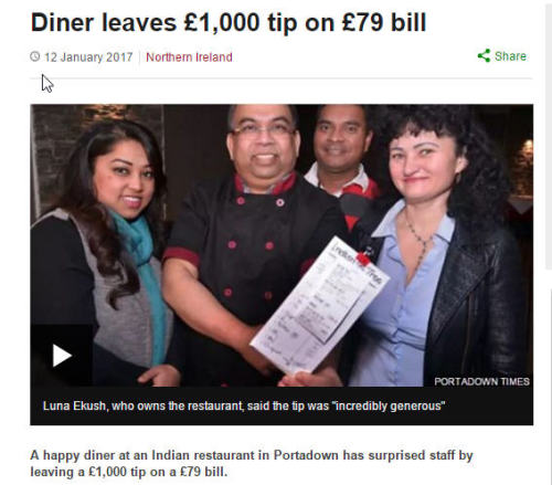 消费79镑小费却给1000英餐馆惊呆了