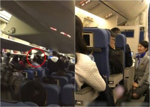 黑衣女子（紅圈示）鬆手讓行李自由跌落（左圖），空服員事後詢問機上其他乘客事情起因（右圖）