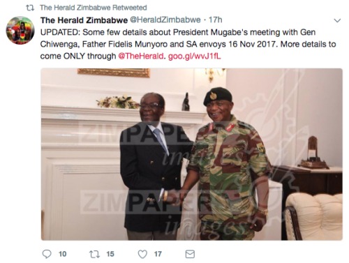 11月16日，穆加貝在國會與奇文加將軍等人進行了會談。