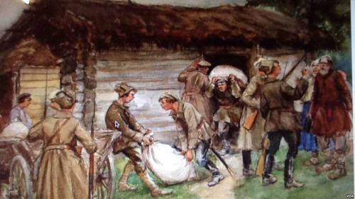 苏联画家弗拉基米罗夫的绘画反映了布尔什维克武装人员十月革命后在农村征集余粮。弗拉基米罗夫十月革命后曾在圣彼得堡当过警察。