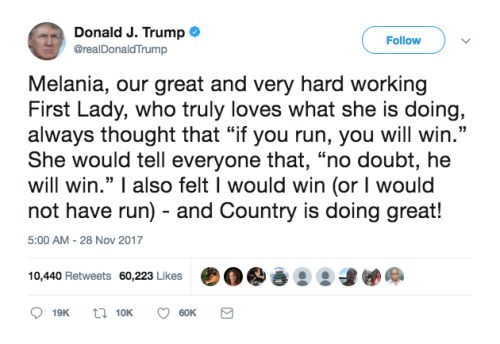 11月28日，美国总统川普发推文称梅拉妮亚热爱她的工作。