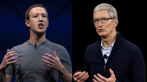 臉書（Facebook）創始人扎克伯格（左）、蘋果公司首席執行官庫克（右）