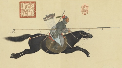 首名武状元是福建人薛奕，产生于宋神宗时，他后来在跟西夏作战期间战亡。图为郎世宁画阿玉锡持矛荡寇图。