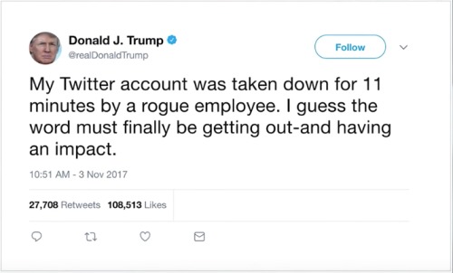 美國川普總統發推文稱自己帳號被關閉了11分鐘。