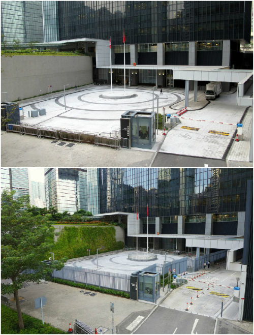 公民廣場2014年加裝圍欄前（上）及加裝圍欄後（下）