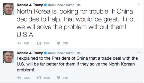 川普推文嘲諷朝鮮自找麻煩，並談及美中貿易協議。（川普推特截圖）