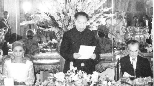 1979年華國鋒在歡迎穆罕默德的一場晚宴上講話。