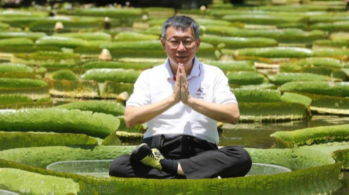 体重85公斤的台北市长柯文哲8月9日体验大王莲，还在莲叶上摆出各种坐莲姿势，十分逗趣。