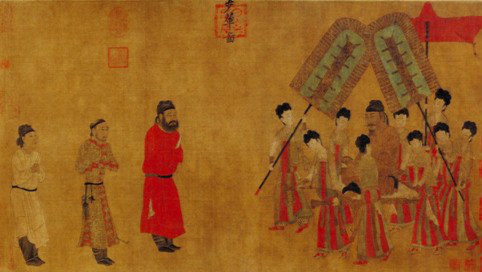 閻立本所繪的《步輦圖》，圖為唐太宗接見吐蕃使者（圖片來源： 公用领域 維基百科）