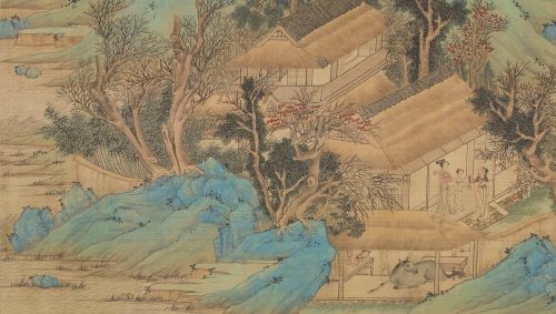 明代 文徵明所繪的《後赤壁賦》，描繪蘇軾與二友人復遊赤壁、登絕壁的情節。