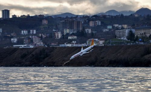 2017年1月13日，廉航飞马航空（Pegasus Airlines）的一架波音737-800客机在降落时失控，冲出跑道 机轮卡在悬崖边。