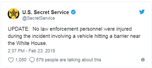 女子开车撞白宫附近屏障川普赞特勤局反应迅速