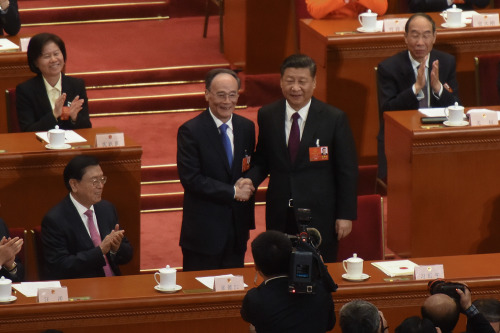 中共“两会”确认担任国家副主席后，习近平与王岐山握手。
