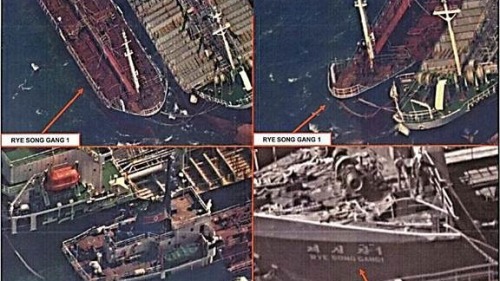 美國偵察衛星拍攝到朝鮮船舶在朝鮮半島西海公海上，自中國船舶上進行油類走私的現場畫面