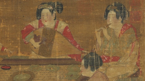 唐人宫乐图。途中出现乐器为琵琶与胡笳（又名筚篥）。