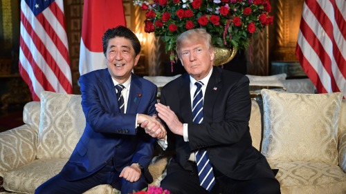 美国总统川普会晤日本首相、日本自民党总裁安倍晋三