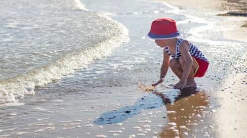 小男孩不停地從淺水窪裡撿起小魚，扔回大海。