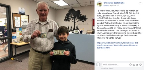 暖心8歲男孩撿到百元美金後還給失主