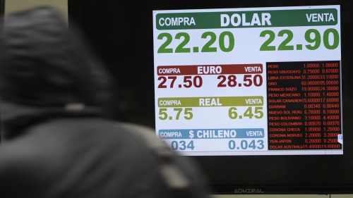 阿根廷貨幣比索（peso）近期兌美元匯率暴跌。圖為2018年5月8日的匯率