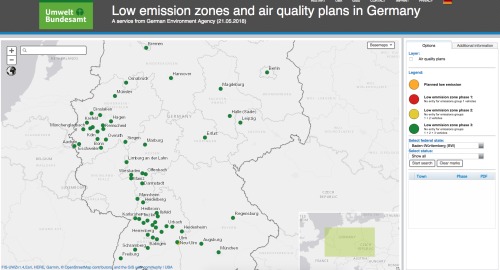 德國實施汽車尾氣低排放區域政策的城市。