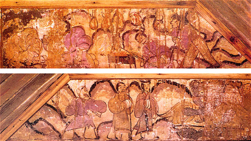 鸿门宴图，西汉壁画，现存洛阳古墓博物馆。左上第二人紫衣昂首持杯者即为项羽。