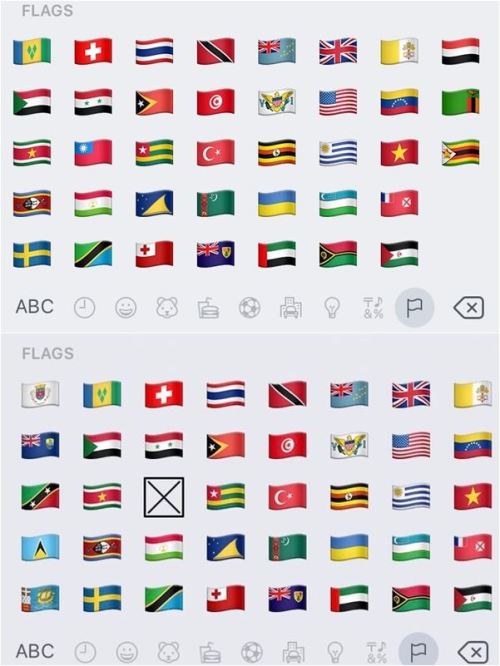 圖為蘋果手機表情符號，可見中華民國國旗；下圖為地區設定在中國的蘋果手機，中華民國國旗無法顯示。