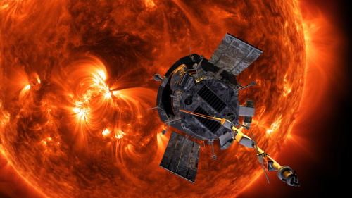 美國宇航局提供的圖片顯示藝術家描繪的「帕克」號太陽探測器接近太陽的情景。