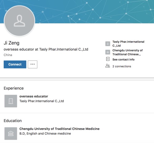 領英網上，一個名為「Ji Zeng」的賬號顯示，此人在天士力製藥股份有限公司就職