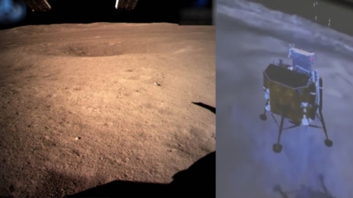 嫦娥四號著陸後傳回的首張近距離拍攝月背影像圖