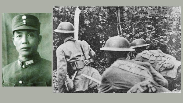（左）戰區司令長官李品仙上將。（右）桂軍敢死隊向日軍進攻