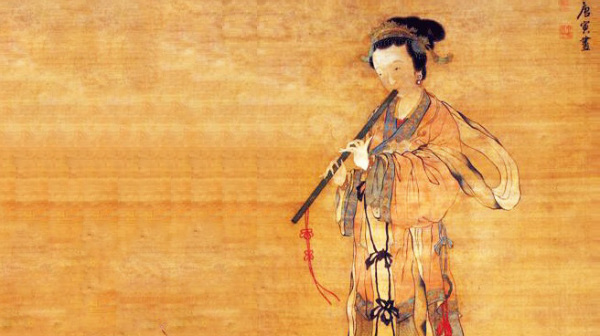 在京剧初创阶段，文场主要乐器以笛子为主，图为吹箫仕女图。