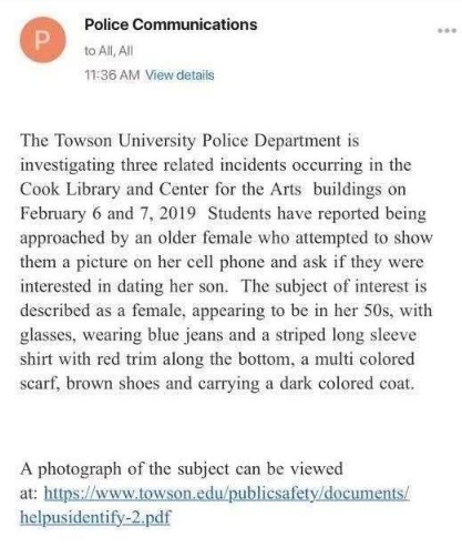 大妈拿儿子照片在美国大学找约会对象遭警方通缉