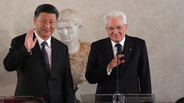 2019年3月22日，習近平與義大利總統塞爾吉奧．馬塔雷拉在總統府。