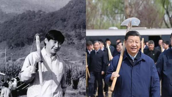 中國微博廣為流傳的習近平30年間兩張肩鋤勞動照片。（網路圖片）