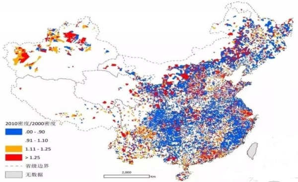大城市对人口的吸引力。蓝色区域即小城市、城镇、农村，红色的区域即大城市、中心城市