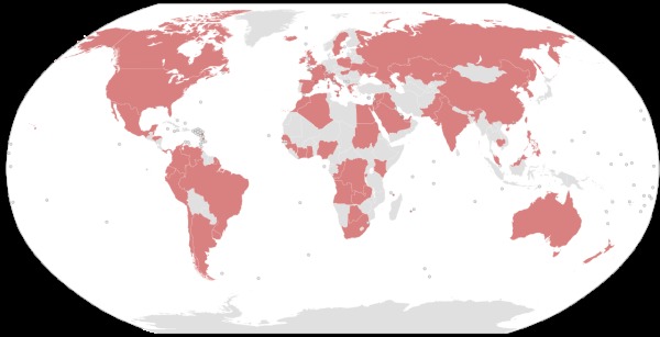 红色部分是因“巴拿马文件”受影响的国家地区。