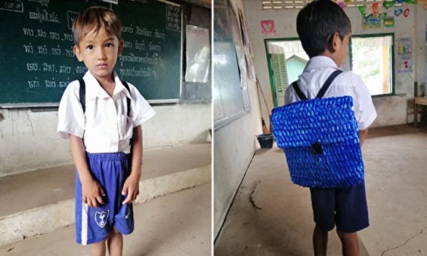 柬埔寨儿子背着老爸DIY书包上学 感动网民