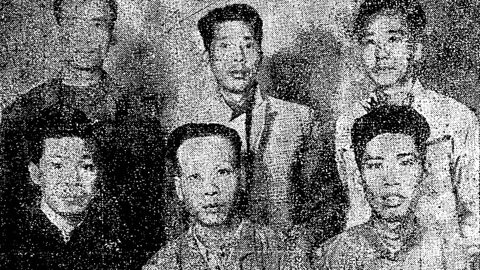 被中共枪决的港报记者，前排右起，邓孝平、赵非、罗金泉、后排右起、陈广平、叶云笙、骆树藩。