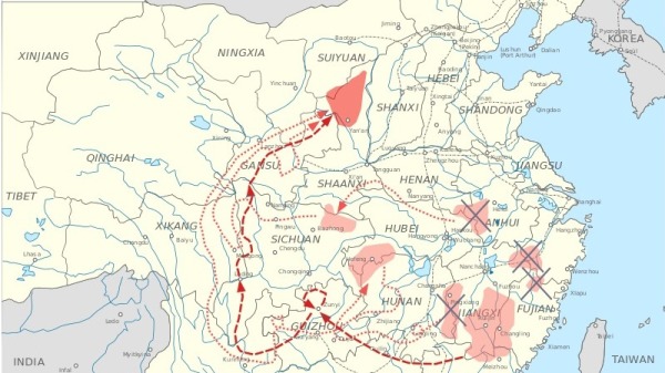 第五次围剿后，中共红军逃跑路线图。