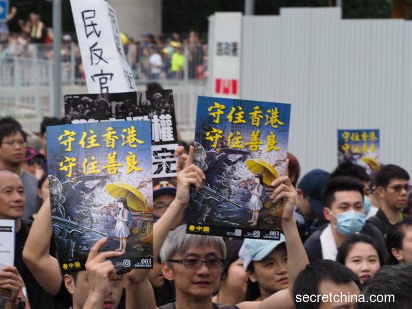 7月14日，11.5萬香港人參加了沙田「反送中」遊行，遊行人士手持《看中國》印刷的「守住香港 守住善良」畫報。