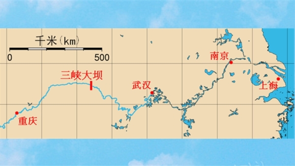 三峽大壩位置圖和長江沿岸重要城市。