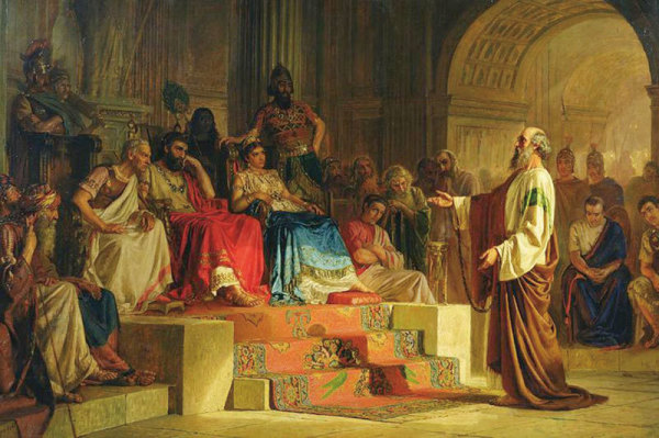 烏克蘭油畫家波達列夫斯基（Nikolai Bodarevsky）繪〈使徒保羅的審判〉（Trial of the Apostle Paul）。（公有領域）