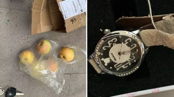 包裹中是4個蘋果和一個舊的兒童手錶。