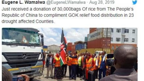 28日，瓦馬爾窪 (Eugene Wamalwa)於社群媒體上宣稱：「剛剛收已經收到了中國捐贈給我們3萬袋米，這有助於解決23個受乾旱影響省份的糧食短缺問題。