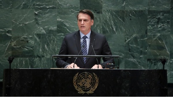 2019年9月24日，巴西总统博索纳罗在联合国发表演讲。