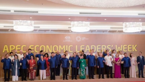 APEC经济领袖会议10日在越南岘港举行，领袖代表欢迎仪式中，各会员体领袖穿上主办国精心准备的服装出席。全体领袖暨领袖代表大合照。