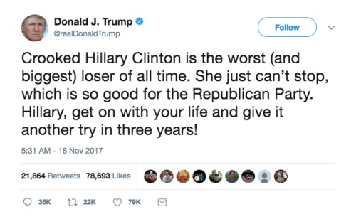 川普推特發文邀請希拉里2020年再次競選美國總統。
