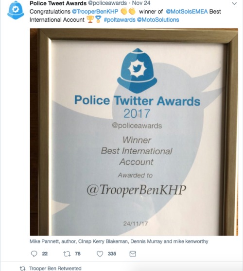贾德纳获得2017年警察推特奖项。