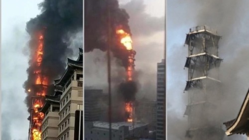陕西热力公司烟囱起火烧成逾百米高“火柱”