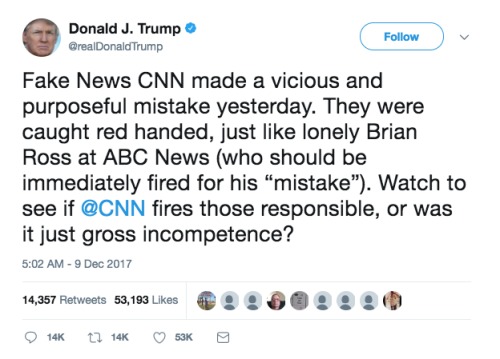 川普总统推文批评ABC新闻记者罗斯和CNN错误报道。